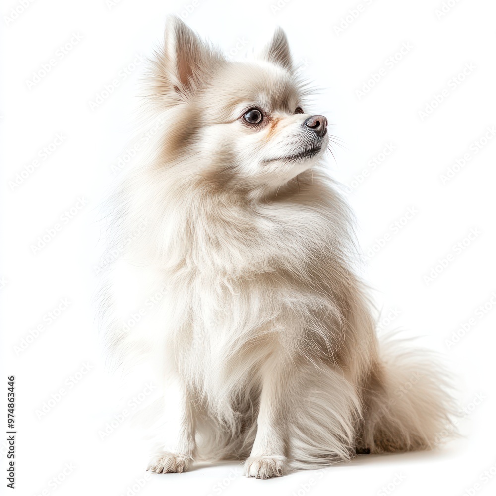 A small dog with fluffy fur sitting, isolate on white background A small dog with fluffy fur sitting, isolate on white background