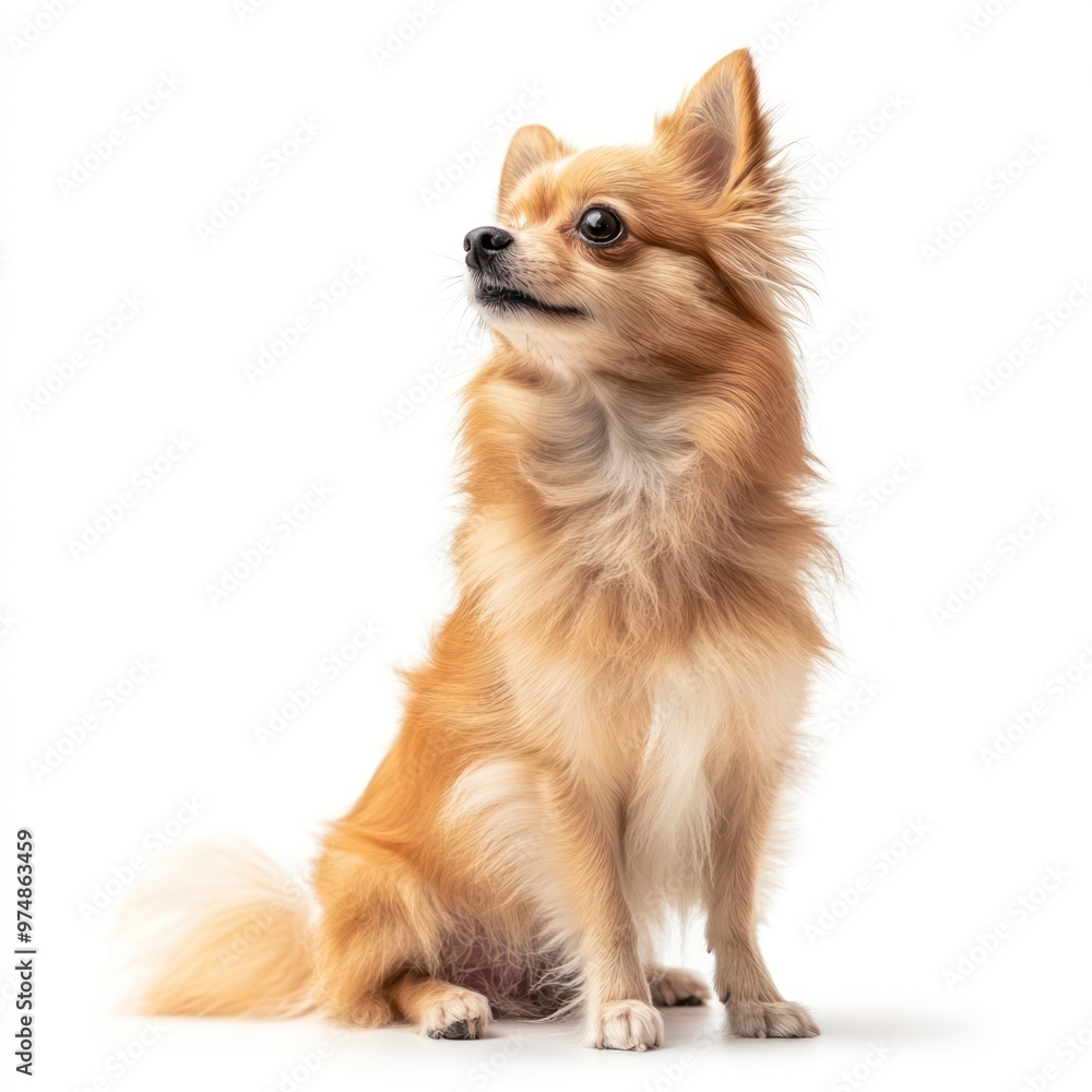 A small dog with fluffy fur sitting, isolate on white background A small dog with fluffy fur sitting, isolate on white background