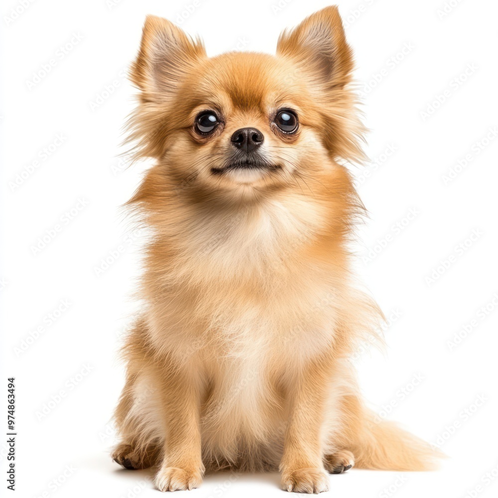 A small dog with fluffy fur sitting, isolate on white background A small dog with fluffy fur sitting, isolate on white background