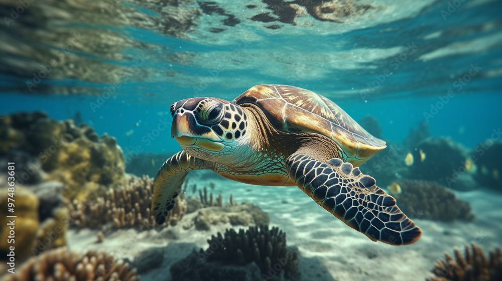 Fototapeta premium Sea turtle swimming underwater, vibrant coral reef backdrop, clear blue ocean environment 