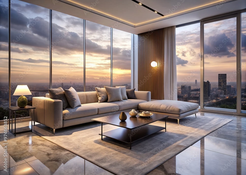 Naklejka premium Elegant minimalist living room with sleek modern sofa, marble coffee table, and floor-to-ceiling windows overlooking a