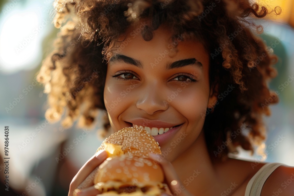 A woman with curly hair is eating a hamburger, generative ai image A woman with curly hair is eating a hamburger, generative ai image