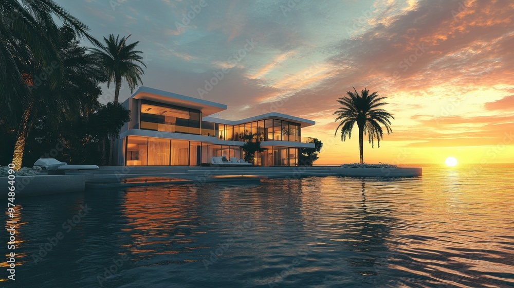 Fototapeta premium Modern Luxury Home with Infinity Pool at Sunset