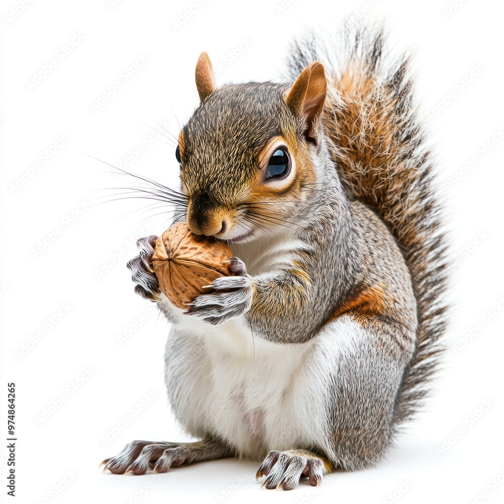 Fototapeta premium A squirrel holding a nut, isolate on white background
