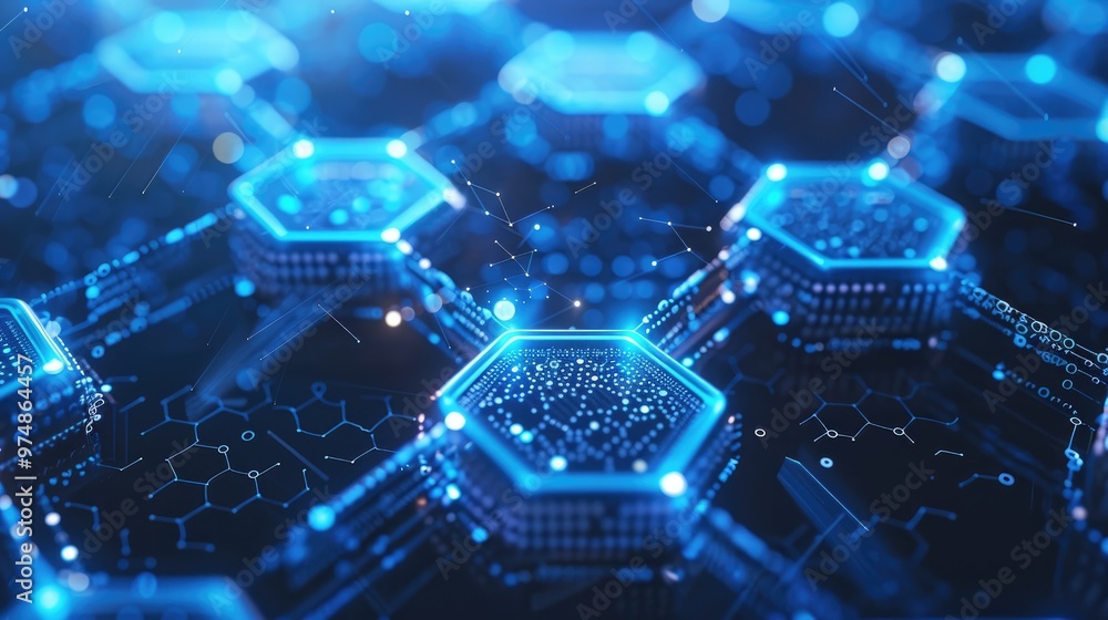 Futuristic digital blockchain technology blue hexagon pattern, representing secure data transfer and internet connections. Futuristic digital blockchain technology blue hexagon pattern, representing secure data transfer and internet connections.
