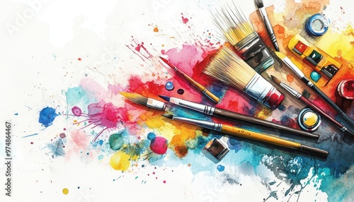 Creative Chaos - Abstract Watercolor Design with Art Tools, Brushes, Palettes, and Paint Tubes in Colorful Splashes of Inspiration