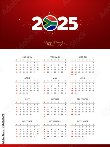 Colorful luxury Happy New Year 2025 Festive Calendar Design, 2025 Logo with South Africa Flag on Red-Golden Confetti and star Background, Calendar January to December 12 Months, New Year South Africa