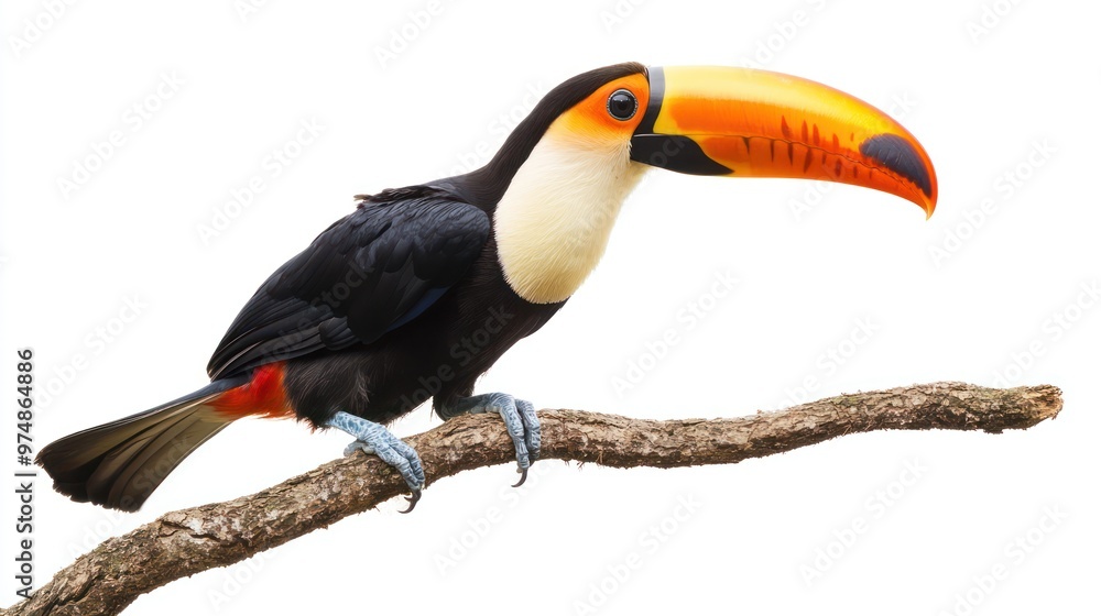 A toucan sitting on a branch, isolate on white background A toucan sitting on a branch, isolate on white background