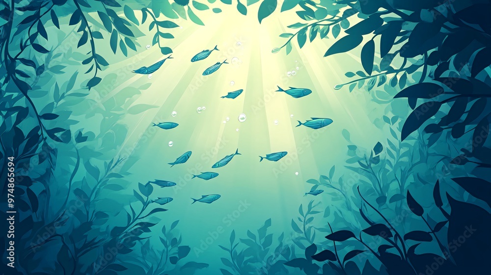 A school of fish swim through a sunlit underwater scene, with a view of the surface above. A school of fish swim through a sunlit underwater scene, with a view of the surface above.
