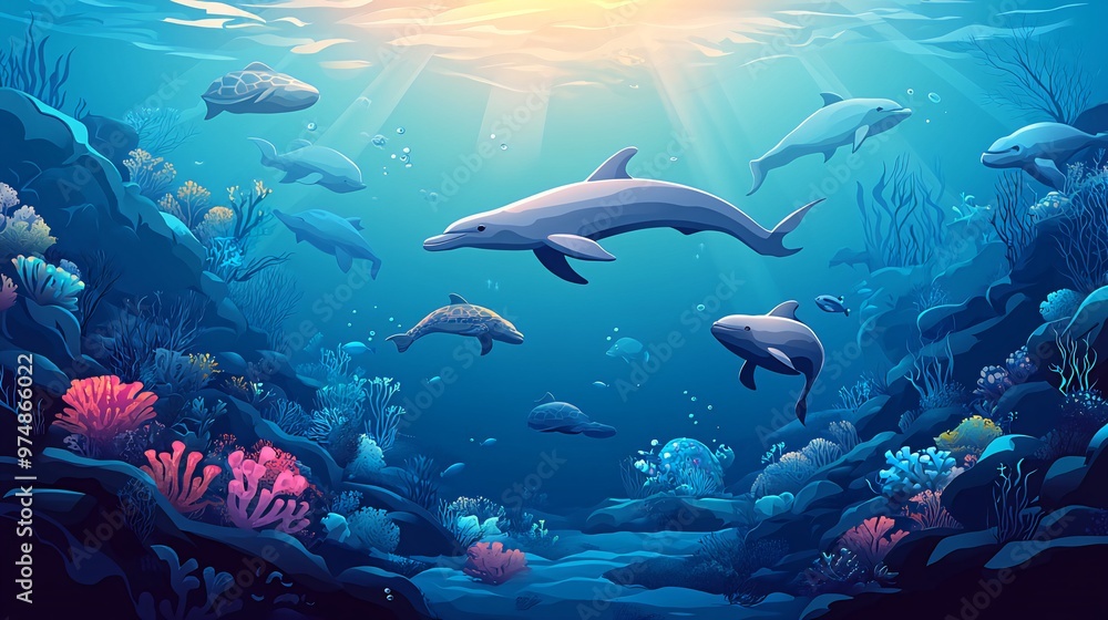 Fototapeta premium A school of dolphins swim through a vibrant coral reef in a clear blue ocean. Sunlight streams down from above, illuminating the scene.