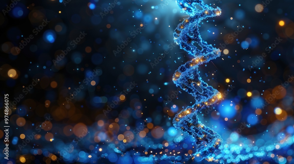 A glowing 3D rendered DNA double helix against a blue and gold bokeh background. A glowing 3D rendered DNA double helix against a blue and gold bokeh background.