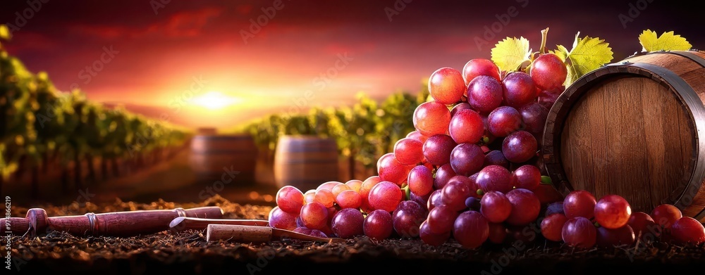 Fototapeta premium Close-up of grapevines heavy with fruit in a vineyard, with a farm setting in the distance, wooden wine barrels and farming tools scattered around