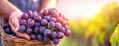 Close-up of hands picking grapes in a vineyard, overflowing baskets of harvested fruit in the background, warm autumn light highlighting the rich colors