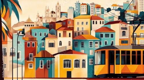 Vintage Lisbon Travel Illustration. AI generated illustration