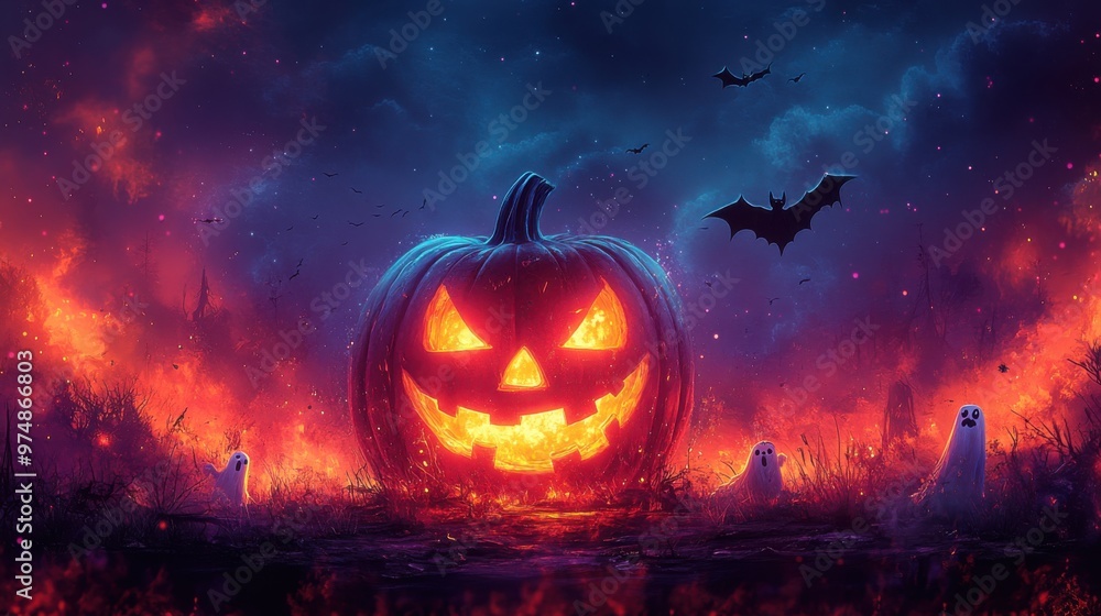 Spooky halloween night with glowing jack-o'-lantern, bats, and ghosts in fiery landscape Spooky halloween night with glowing jack-o'-lantern, bats, and ghosts in fiery landscape