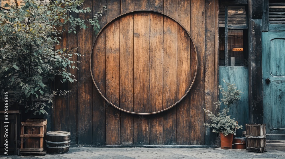 Wooden Wall with Circular Mockup Signboard. AI generated illustration Wooden Wall with Circular Mockup Signboard. AI generated illustration