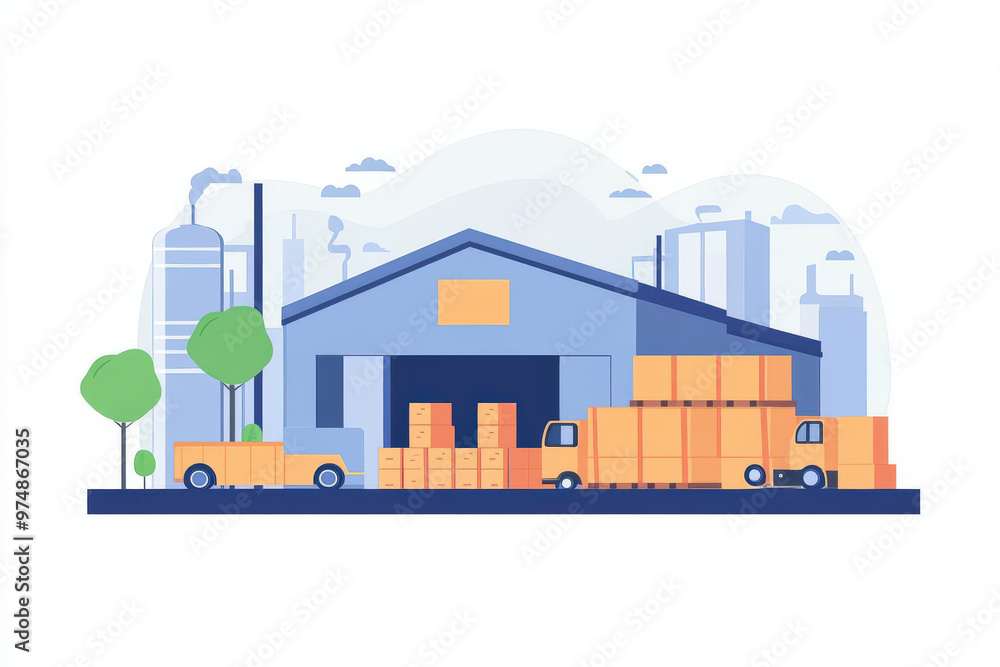 Obraz premium A modern factory scene depicting supply chain operations with trucks and storage boxes. vibrant colors and clear design illustrate importance of logistics in manufacturing