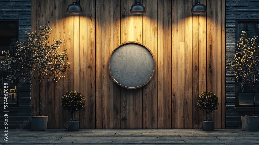 Wooden Wall with Circular Mockup Signboard. AI generated illustration Wooden Wall with Circular Mockup Signboard. AI generated illustration