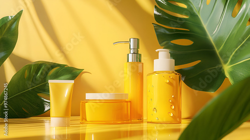 Skincare Products with Tropical Leaves and Bright Yellow Tones photo