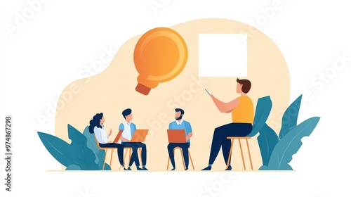 Corporate training session, mentor teaching new employees, flat design illustration