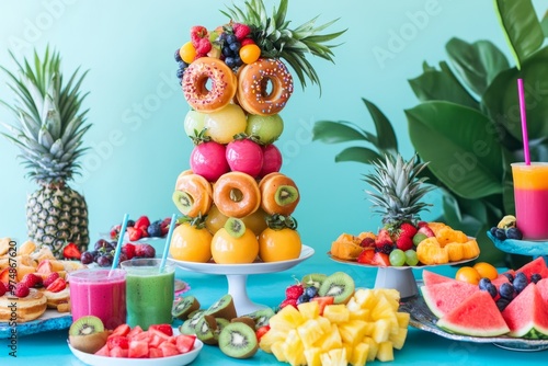 A vibrant display of colorful fruits and donuts stacked beautifully. Fresh juice and tropical vibes make it perfect for summer fun. Enjoy this fruit feast. Generative AI