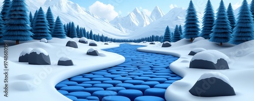 A serene winter landscape with a winding blue river, snow-covered ground, rocky outcrops, and tall, frosted evergreens. photo