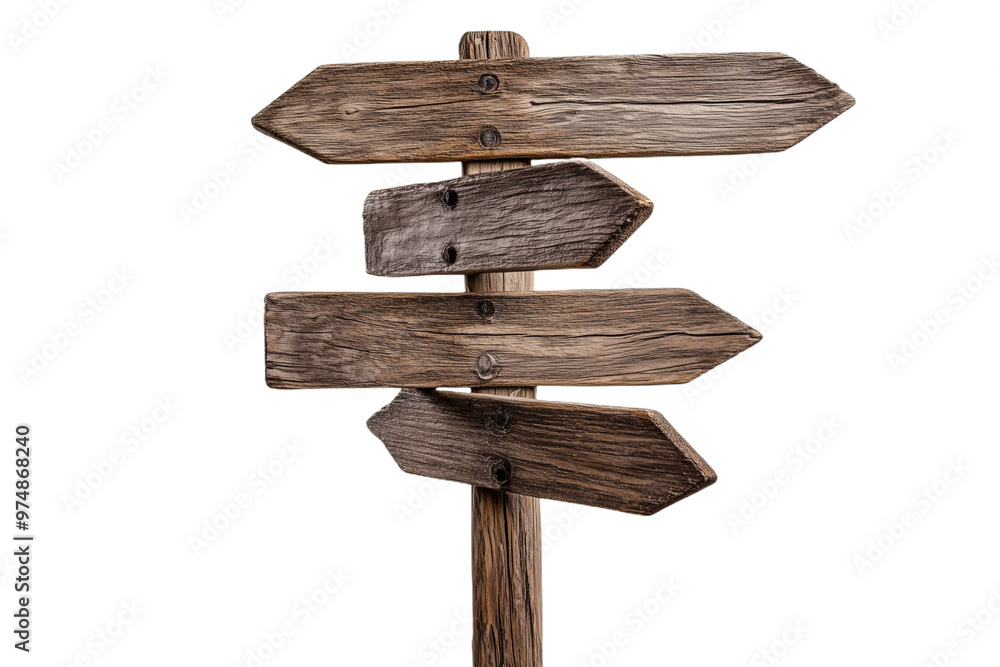 A weathered wooden signpost with four arrow-shaped signs points in various directions, isolated on a black background A weathered wooden signpost with four arrow-shaped signs points in various directions, isolated on a black background