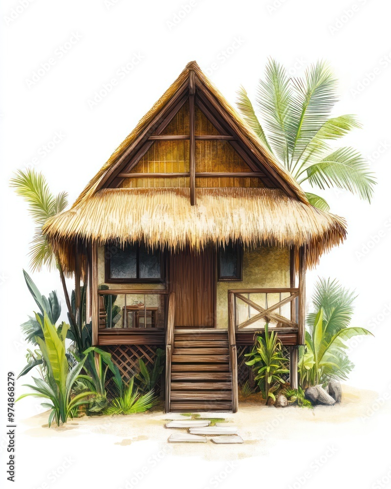 Bungalow isolate on white background, tropical style, Bungalow isolate on white background, tropical style,