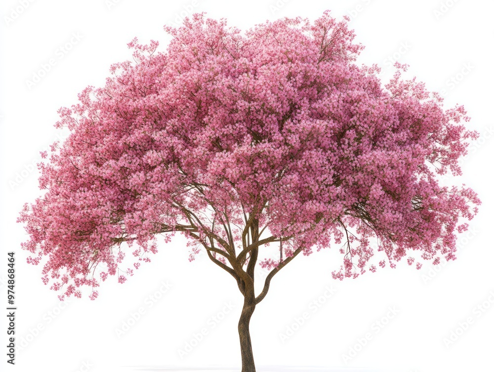 Fototapeta premium Cherry blossom tree, delicate pink flowers, isolated on white background, blooming