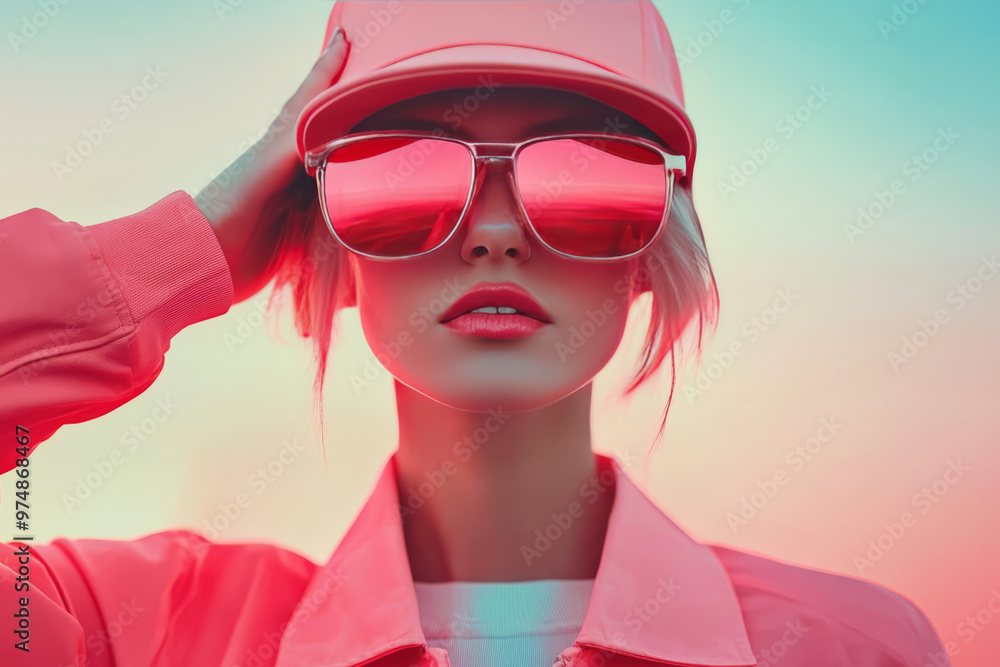 Young woman wearing a pink cap and sunglasses. Young woman wearing a pink cap and sunglasses.
