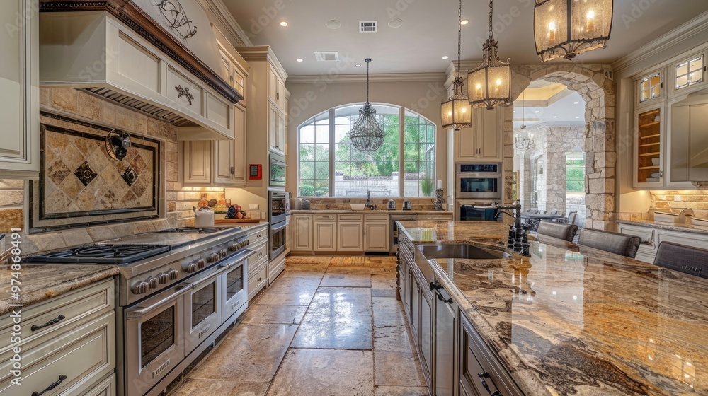 Luxurious modern kitchen with marble countertops, elegant lighting, and spacious island, featuring high-end appliances and large windows. Luxurious modern kitchen with marble countertops, elegant lighting, and spacious island, featuring high-end appliances and large windows.