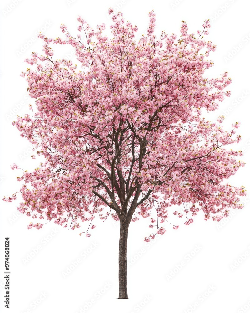 Cherry tree in bloom isolate on white background, pink blossoms, Cherry tree in bloom isolate on white background, pink blossoms,