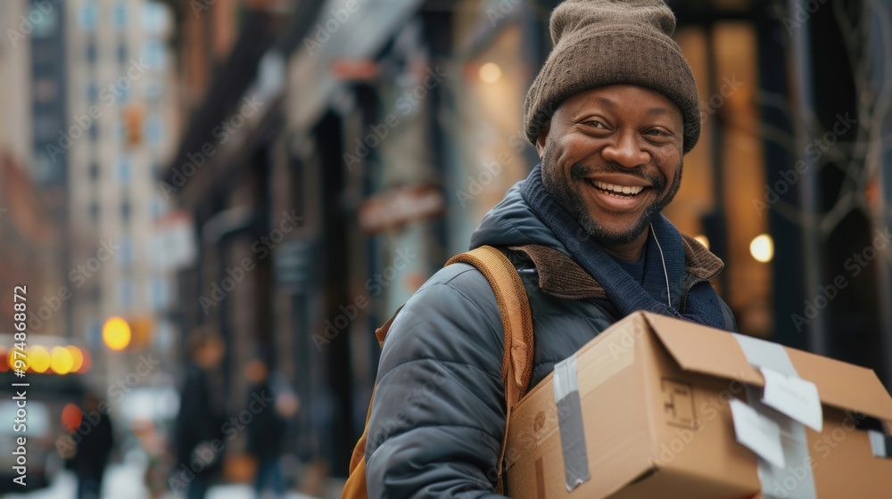A person carrying a box in an urban environment A person carrying a box in an urban environment