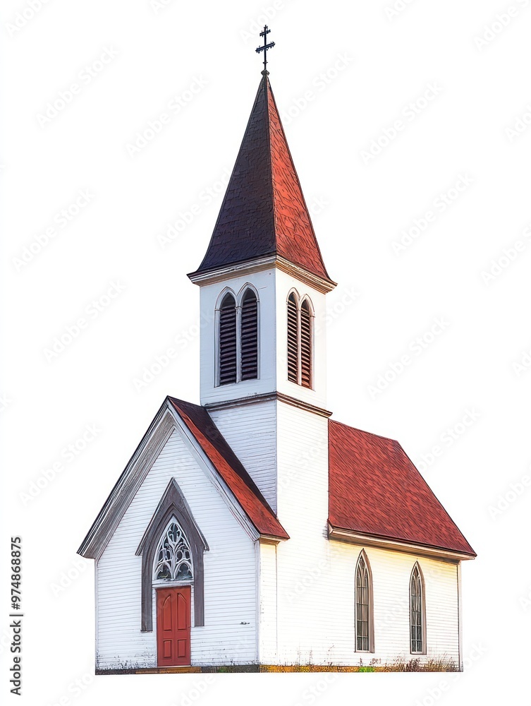 Church building isolate on white background, traditional steeple, Church building isolate on white background, traditional steeple,