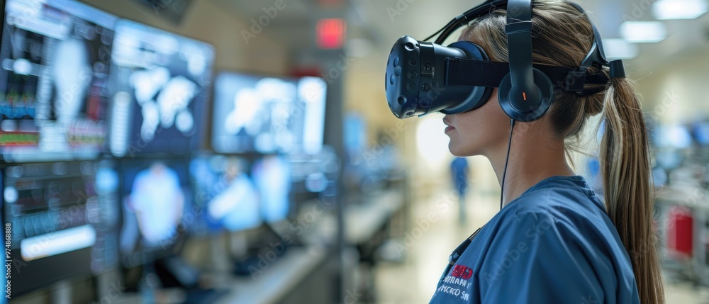 Medical professional using virtual reality technology in a high-tech environment for simulation or training purposes. Medical professional using virtual reality technology in a high-tech environment for simulation or training purposes.