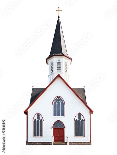 Church building isolate on white background, traditional steeple,