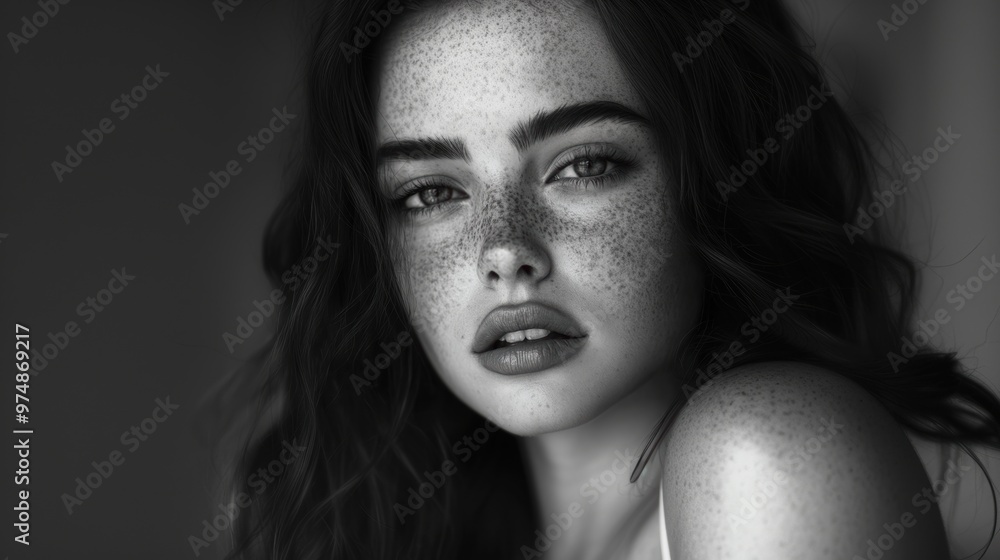 Portrait of a young woman with freckles in black and white lighting Portrait of a young woman with freckles in black and white lighting