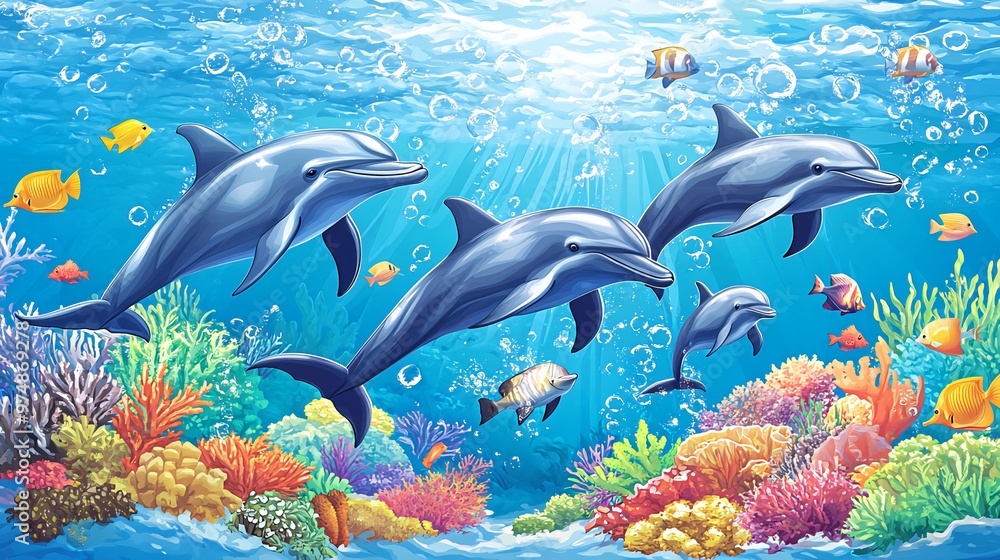 A pod of four dolphins swim through a vibrant coral reef with colorful fish, sunlight, and air bubbles. A pod of four dolphins swim through a vibrant coral reef with colorful fish, sunlight, and air bubbles.