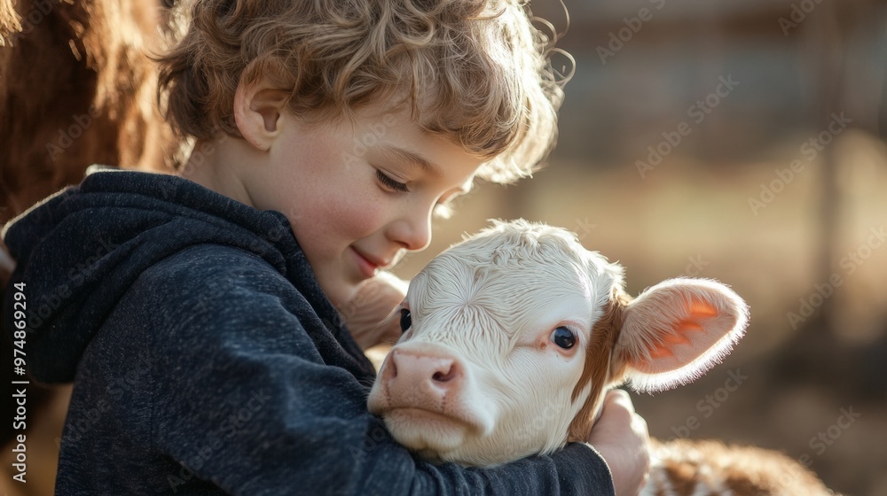 Child gently embraces a calf on a sunny farm in the afternoon Child gently embraces a calf on a sunny farm in the afternoon