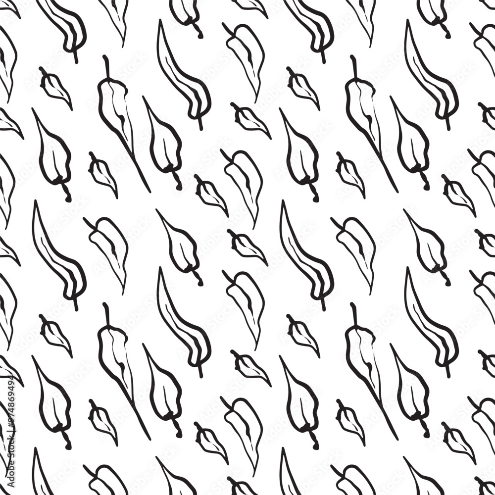 Seamless autumn pattern in the form of a solid line of hand-drawn elements of flowers, leaves, branches.