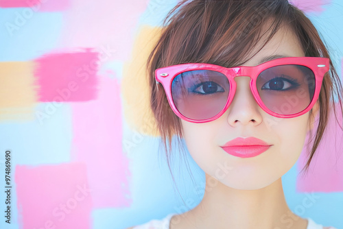 Young woman with pink sunglasses in front of pastel background.