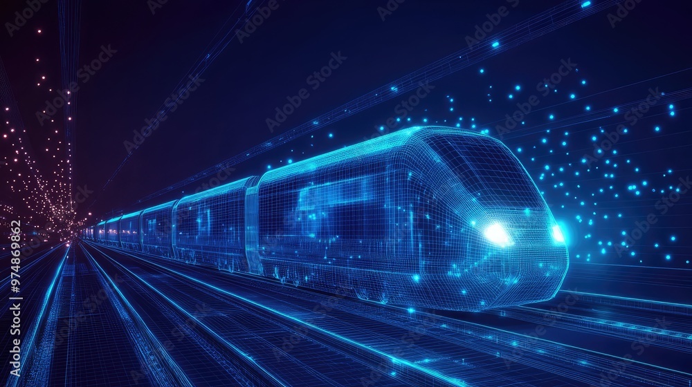 Naklejka premium Abstract Polygonal 3D Wireframe of Modern Train. AI generated illustration