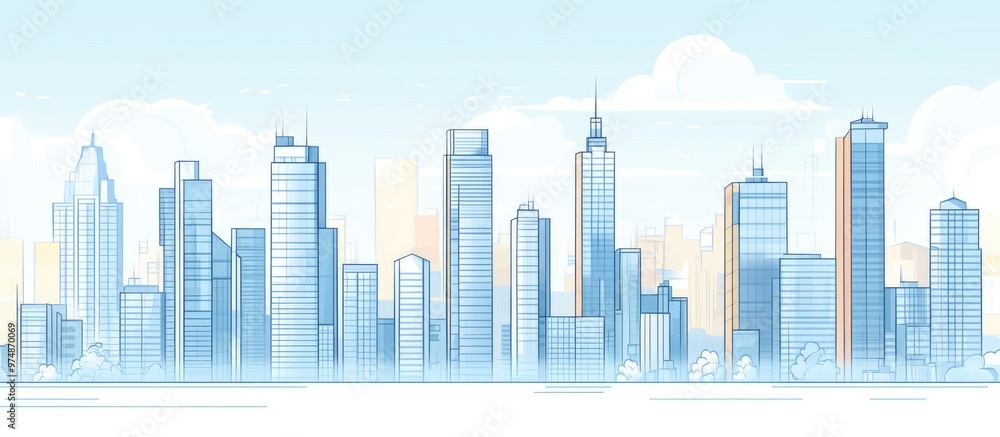 Modern city skyline in a thin line style featuring a wide panorama of tall skyscrapers against the urban backdrop Modern city skyline in a thin line style featuring a wide panorama of tall skyscrapers against the urban backdrop