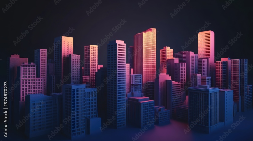 3D illustration depicting urban buildings against a dark background 3D illustration depicting urban buildings against a dark background