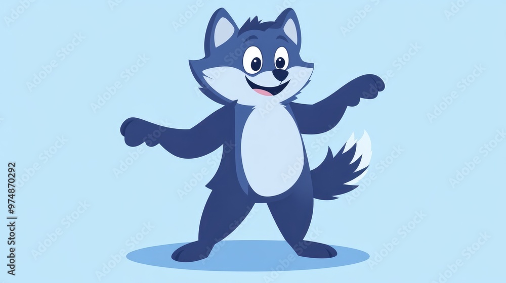 Cartoon wolf character in a playful dance with a flat color style Cartoon wolf character in a playful dance with a flat color style
