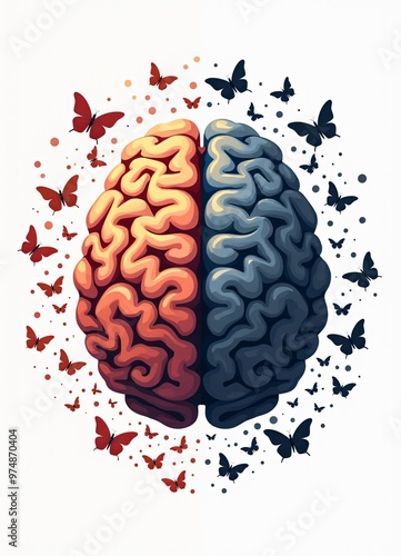 a drawing of a half blue half red brain with butterflies around it on white backgroud