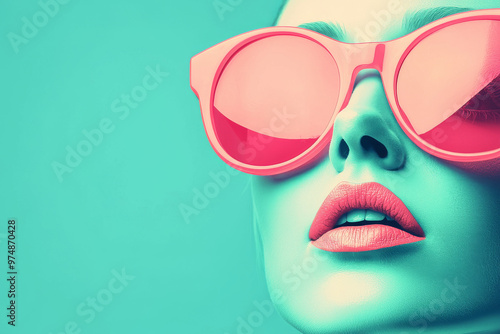 Close-up of a woman's face wearing pink sunglasses against a turquoise background.