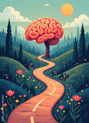 a drawing of a road leading to a tree in the shape of a brain