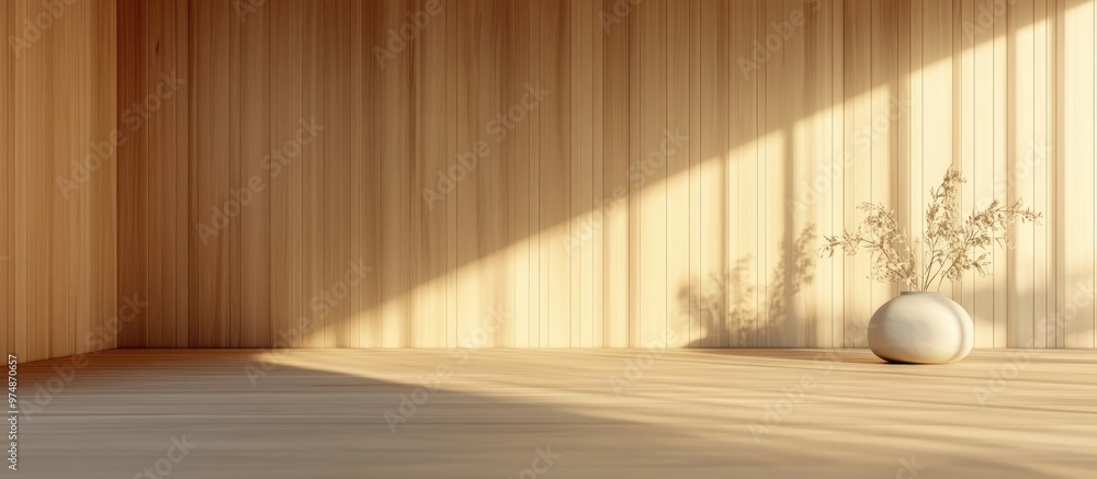 Fototapeta premium Empty interior featuring wooden walls in a Nordic style 3D illustration showcasing a minimalist design