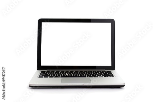 A laptop computer with a blank screen on a white surface, ideal for showcasing electronics or technology